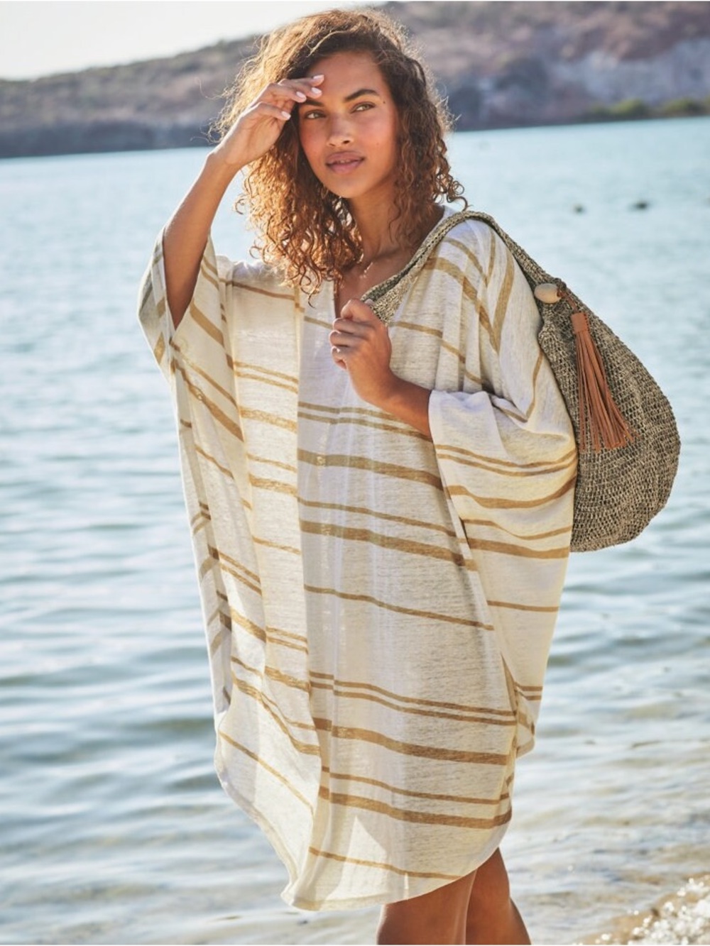 Garnet hill 100% Organic-Linen Cover-Up size large / extra large cream stripe